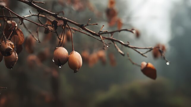 Raindrops on autumn fruit hanging from a bare branch in the mist.