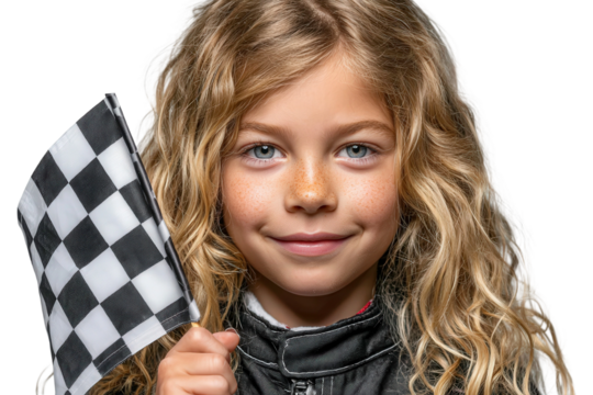 Smiling young girl holding a checkered flag with curly hair, in racing gear, celebrating victory at a motorsport event, with sparkly blue eyes and freckles