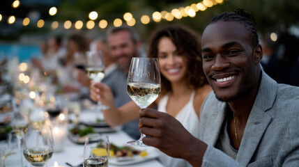 A joyful gathering showcasing smiling friends toasting with wine glasses during a beautifully arranged outdoor dinner celebration. The ambiance and bonds shine through.