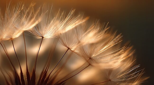 Close-up of dandelion seed head, backlit.  Soft golden light highlights delicate, feathery seeds.  Dark, warm background