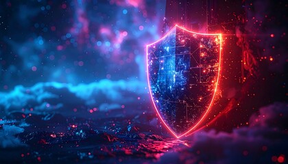 Glowing shield outline, cyberspace background, neon lights, data streams, modern and abstract composition