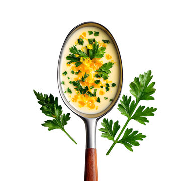 spoonful of avgolemono soup (egg-lemon sauce) droplets with lemon zest and parsley flakes