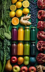 Colorful assortment of fresh fruit and vegetable juices, displayed on a vibrant green surface