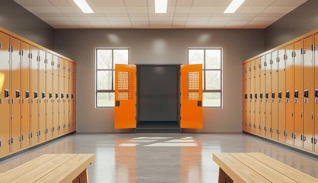 Row of beige school lockers with one bright orange locker in center, two wooden benches in front, modern locker room interior
