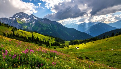 Obraz premium Mountain range with wildflowers, vibrant green fields, and sunlight piercing clouds