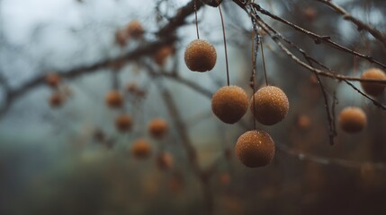 Atmospheric view of small orange fruits on bare tree branches in the fog.