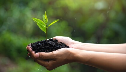 Close-up of a hand holding a green seedling with fresh soil, symbolizing sustainability, growth, nature care, and eco-friendly living.  
