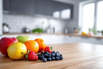 Fresh fruit display on a light wooden kitchen counter