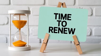 Urgent hourglass timer flowing sand with a sign displaying TIME TO RENEW perfect for business concepts renewal and change