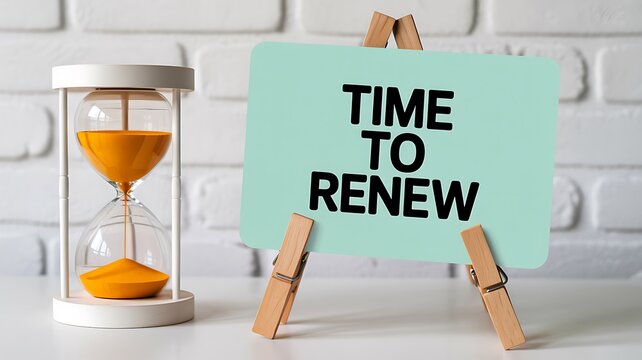 Urgent hourglass timer flowing sand with a sign displaying TIME TO RENEW perfect for business concepts renewal and change