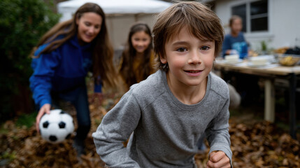 Three playful children relish an afternoon of fun in the leaf-filled yard, showcasing the simple joys of childhood and the essence of friendship and play.