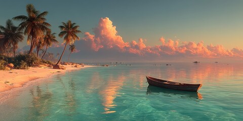 Serene tropical beach at sunset with a small boat and palm trees reflecting on calm waters