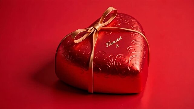 Elegant red heart-shaped gift box with golden ribbon and intricate embossed patterns, perfect for romantic celebrations and luxury gifting moments.