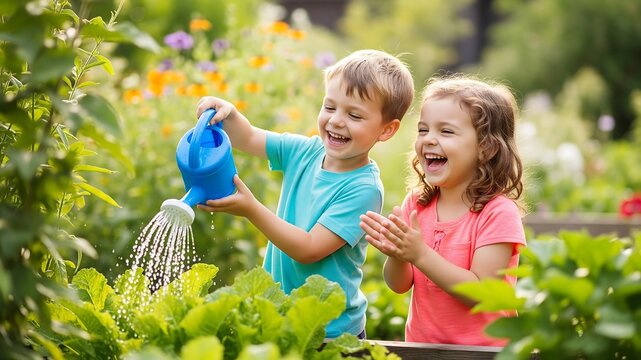 Cheerful Kids Watering Vegetable Garden with Blue Watering Can