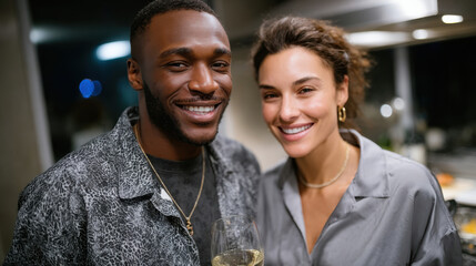 A happy couple enjoying each other's company at a festive gathering, radiating love and joy with glasses raised, surrounded by a cozy and inviting atmosphere.