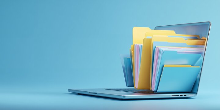 Laptop displaying organized colorful file folders on a blue background, conveying digital documentation. Concept for data management, information architecture and virtual office