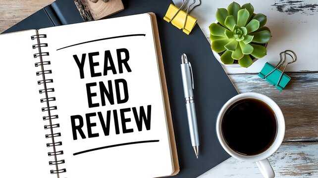 Organize your thoughts and plan future success with a clear year end review notebook, pen, and coffee on a rustic desk, inspiring productivity and reflection.