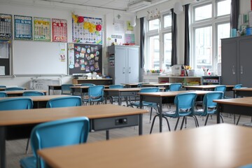 an empty modern classroom with a whiteboard, desks, and blue chairs in the front Generative AI