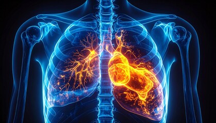 Anatomical illustration of the human chest cavity, showcasing the heart and lungs in a glowing, detailed view.