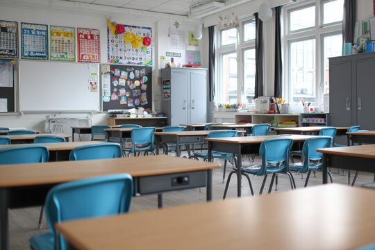 an empty modern classroom with a whiteboard, desks, and blue chairs in the front Generative AI