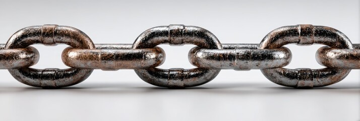 Rusty metal chain link with a weathered appearance lying on a plain surface
