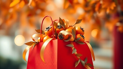 Naklejka premium A vibrant red shopping bag overflowing with festive gold ribbons and seasonal persimmons against a soft autumn backdrop.