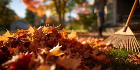 Close-up of a pile of autumn leaves on grass near a house with a rake on the side in the yard. concept for seasonal chores, fall cleanup projects and outdoor household maintenance