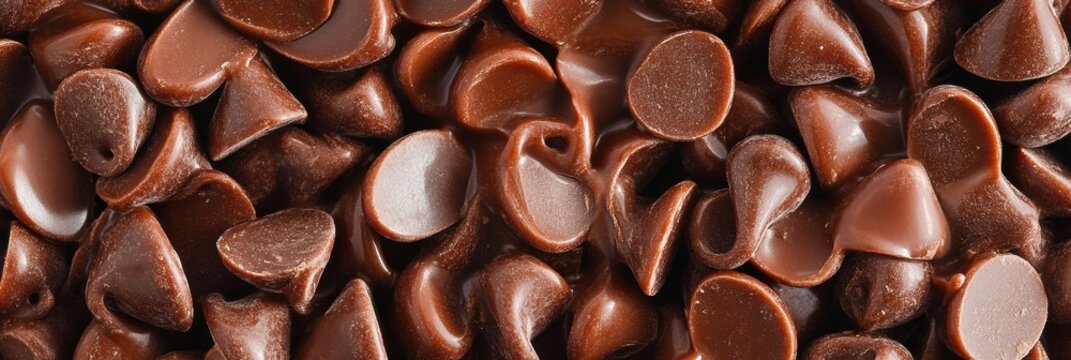 Rich dark chocolate chips scattered on a surface, perfect for baking and desserts