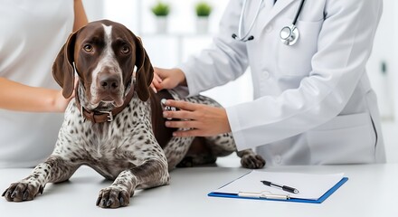 Veterinarian Examining German Shorthaired Pointer Dog with Stethoscope in Clinic Medical Checkup and Pet Health Care Services Examination for Canine Well Being