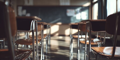 Fototapeta premium Classroom interior with rows of empty wooden desks and chairs, chalkboard in background, soft daylight streaming in, concept for education, learning environment and academic success