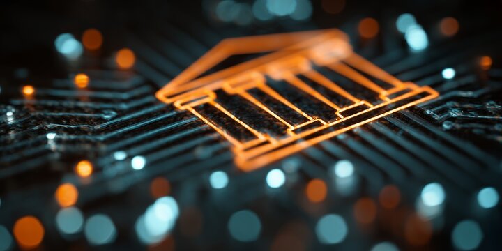Digital rendered courthouse icon glowing on a dark circuit board, concept for blockchain technology, decentralized finance and legal tech solutions