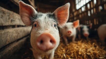 Curious piglets explore their rustic barn environment filled with straw in the countryside