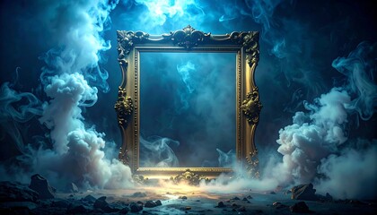 Ornate gilded frame sits amidst swirling smoke and mystical blue light; dramatic and artistic presentation