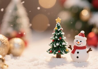 Snowman Figurine with Christmas Tree Decoration for Festive Holiday and Winter Celebration