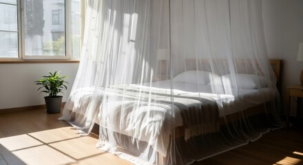Bedroom with sunlit mosquito net protecting bed. Concept of bug bite prevention. Home protection, secure sleep.