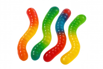 Vibrant gummy worms candy lying against transparent backdrop, showcasing sweet confectionery design element