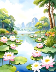 Serene lake landscape with lotus blossoms
