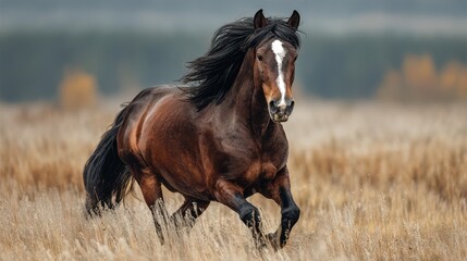 Majestic brown horse galloping through golden grass in an autumn landscape