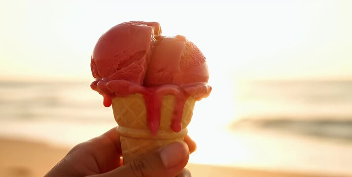 Strawberry ice cream cone melting on a sunny beach.