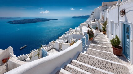 Obraz premium Beautiful coastal pathway lined with white architecture, leading to serene blue waters and an island in the distance, creating a peaceful atmosphere