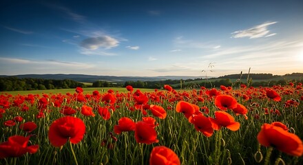 Fototapeta premium Vibrant Red Poppies Dancing in the Gentle Breeze Under a Clear Blue Sky Landscape with Forest Backdrop
