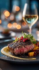Gourmet steak dish served with colorful vegetables and fine wine in an elegant dining setting at night