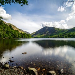Serene lake nestled between mountains under a partly cloudy sky