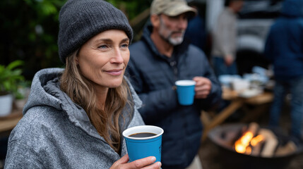 A cozy scene capturing a woman enjoying coffee by a campfire, showcasing connection, warmth, and the joy of shared moments in nature with friends or loved ones.