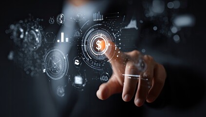 Businessperson's hand interacts with a holographic financial interface