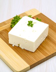 Block of white cheese on wooden board with herbs