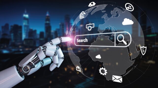 Robotic arm searching the globe for answers with modern AI technology and data insights