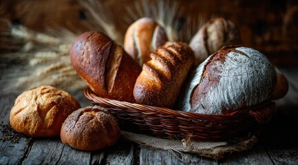 Assorted baked loaves in a wicker basket on a rustic wooden table, with wheat stalks in the background