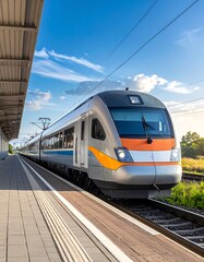 Fototapeta premium Modern high-speed train pulls into a sunny station platform, showcasing a sleek design and vibrant color accents.