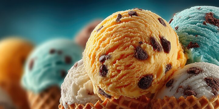 Ice cream scoops in various flavors piled in waffle cones on a bright summer day